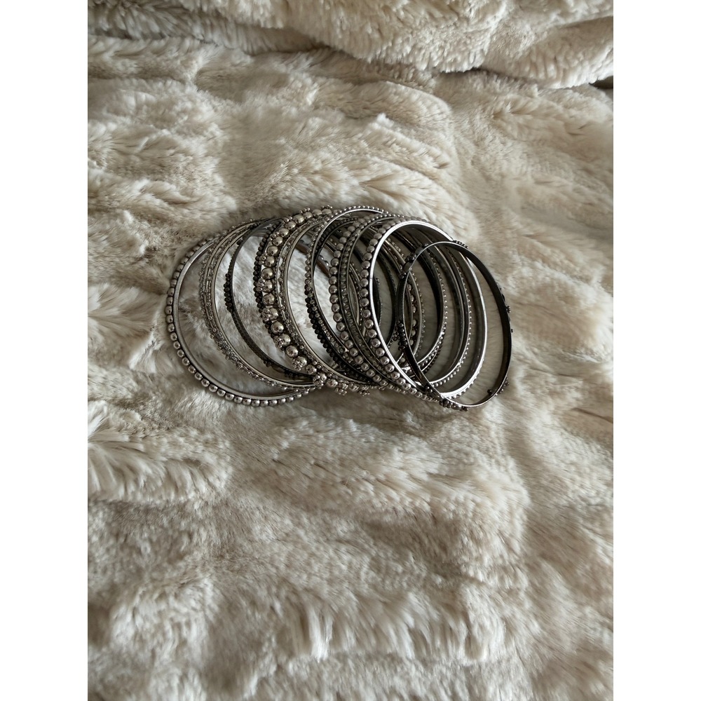 12pc Stackable Bangle Bracelet Set Gunmetal Silver Tone Rhinestone Beaded Boho View 4